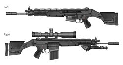 battle_rifle bipod english_text from_side gun highres magazine_(weapon) markings monochrome multiple_views muzzle_device no_humans original rifle scope simple_background spot_color still_life stolas_(lemegeton) variations weapon weapon_focus white_background