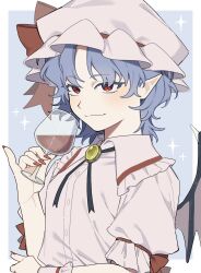 1girl bat_wings blue_hair bow brooch closed_mouth collared_shirt commentary cup drinking_glass fingernails frilled_shirt_collar frills hat hat_bow highres holding holding_cup jewelry light_smile long_fingernails mob_cap pink_hat pink_shirt pointy_ears red_bow red_eyes red_nails remilia_day remilia_scarlet sakic43899 shirt single_wrist_cuff solo touhou wine_glass wings wrist_cuffs