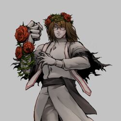 1boy beard_stubble brown_eyes brown_hair dress e.g.o_(project_moon) facial_hair flower garden_of_thorns_(e.g.o) gauntlets glasses gloves gregor_(project_moon) hair_flower hair_ornament head_wreath highres limbus_company long_hair looking_at_viewer pants project_moon red_flower red_rose rose single_gauntlet solo stubble thorns white_dress white_gloves white_pants yatsumeunagi