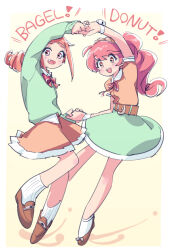 Rule 34 | 2girls, ahoge, arm up, belt, border, bow, bowtie, brown belt, brown footwear, drill hair, drill ponytail, english text, fang, full body, green skirt, green sweater, high ponytail, holding hands, idolmaster, idolmaster cinderella girls, imay3927, loafers, long hair, looking at viewer, low ponytail, multiple girls, neck ribbon, o arms, ohara michiru, open mouth, orange hair, orange shirt, orange skirt, outside border, pink eyes, pink hair, pink ribbon, ponytail, red bow, red bowtie, ribbon, shiina noriko, shirt, shoes, short bangs, short sleeves, sidelocks, simple background, skirt, smile, sweater, white border, wide-eyed, yellow background