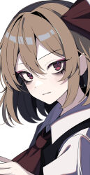 1girl ascot blonde_hair blush collared_shirt commentary eyelash_ornament eyeliner hair_between_eyes hair_ribbon highres looking_at_viewer makeup parted_lips red_ascot red_eyeliner red_eyes red_ribbon ribbon rumia shirt short_hair slra solo touhou upper_body vest white_background white_shirt