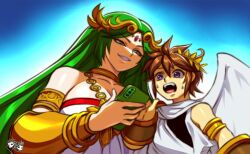 1boy 1girl ahoge alternate_eye_color angel angel_wings artist_logo breasts brown_hair chain circlet derivative_work gold_chain green_hair holding holding_phone jadenkaiba kid_icarus kid_icarus_uprising laurel_crown logo looking_at_phone naughty_face nintendo open_mouth palutena phone pit_(kid_icarus) purple_eyes red_eyes teeth wings