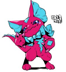 Rule 34 | animal focus, digimon, digimon (creature), elizamon, fins, full body, head fins, lizard, no humans, oden (odenzzi), pink scales, simple background, smug, solo, standing, white background