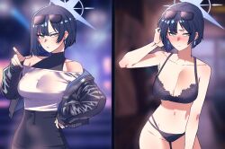 1girl absurdres anygatsby arm_behind_head bare_shoulders black_bra black_hair black_jacket black_panties black_shirt blue_archive blue_eyes blue_hair blue_halo blush bra breasts cleavage collarbone colored_inner_hair earrings eyewear_on_head groin halo hand_on_own_hip highres jacket jewelry large_breasts looking_at_viewer looking_to_the_side multicolored_hair navel panties pointing saori_(blue_archive) shirt short_hair sunglasses thighs turtleneck turtleneck_shirt underwear white_shirt