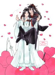 2boys absurdres ahoge black_boots black_hair black_robe blush boots carrying chinese_clothes fang flute full_body grey_eyes hair_ribbon hanfu headband heart heart_background heart_hands high_ponytail highres instrument jian_(weapon) lan_wangji layered_sleeves leg_lock long_hair long_sleeves looking_at_viewer male_focus modao_zushi multiple_boys natttume one_eye_closed open_mouth piggyback planted planted_sword planted_weapon ponytail red_ribbon ribbon robe sash sheath sheathed sidelocks simple_background smile standing sword tassel topknot twitter_username weapon wei_wuxian white_background white_boots white_hanfu white_headband white_robe wide_sleeves xiao_guan_(headdress) yaoi yellow_eyes