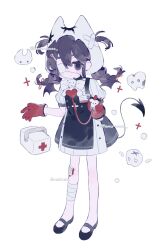 1girl animal_ears apron bandaged_arm bandaged_leg bandages bandaid blood blood_bag bow bowtie braid cross cross_print demon_tail demon_wings dress eyepatch full_body ghost gloves hair_between_eyes hair_bun hair_ornament hat highres intravenous_drip mary_janes memuro original puffy_sleeves red_gloves shoes short_sleeves standing stitches tail twin_braids twintails twitter_username white_background wings