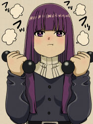 Rule 34 | 1girl, :t, a-king, breasts, closed mouth, dumbbell, exercising, facing viewer, fern (sousou no frieren), highres, holding, holding dumbbell, long bangs, looking at viewer, medium breasts, pout, purple eyes, purple hair, solo, sousou no frieren, speech bubble, turtleneck, weightlifting