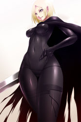 00s 1girl bad_id bad_pixiv_id black_bodysuit blonde_hair bodysuit cape claymore_(series) claymore_(sword) female_focus grey_eyes grin helen impossible_clothes latex navel shokuyou_mogura short_hair smile solo sword weapon