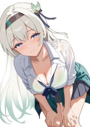 1girl absurdres alternate_costume black_hairband blush breasts cleavage closed_mouth collarbone ego_121224 firefly_(honkai:_star_rail) gradient_hair grey_hair gyaru hair_between_eyes hairband half-closed_eyes hands_on_own_knees highres honkai:_star_rail honkai_(series) large_breasts leaning_forward long_hair looking_at_viewer multicolored_hair pink_eyes shirt simple_background smile solo thighs white_shirt