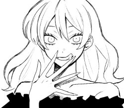 Rule 34 | 1girl, bare shoulders, collarbone, commentary request, fingernails, frilled shirt, frills, futsuu no keion-bu, greyscale, hair between eyes, hand up, high contrast, hotategaii, lineart, long hair, looking at viewer, monochrome, sharp fingernails, shirt, solo, strapless, strapless shirt, tatsumi reiha, tongue, tongue out