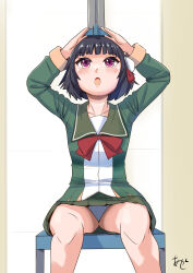 1girl akashieru black_hair feet_out_of_frame green_jacket green_sailor_collar green_skirt hair_ribbon highres ishigaki_(kancolle) jacket kantai_collection long_sleeves measuring one-hour_drawing_challenge panties pantyshot pleated_skirt purple_eyes red_ribbon ribbon sailor_collar school_uniform serafuku short_hair sitting skirt solo stadiometer underwear white_panties white_ribbon