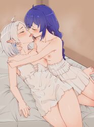 Rule 34 | 2girls, absurdres, babywipes, bed sheet, blue hair, blush, braid, breast slip, breasts, chemise, chemise pull, closed eyes, clothes pull, collarbone, commentary, commission, earrings, elf, english commentary, floating earrings, french kiss, highres, hug, jewelry, kiss, lingerie, long hair, lying, medium hair, multiple girls, mushoku tensei, nipples, no bra, on back, on side, pointy ears, roxy migurdia, small breasts, sylphiette (mushoku tensei), teardrop earrings, thighs, tongue, tongue out, twin braids, underwear, underwear only, white chemise, white hair, yuri