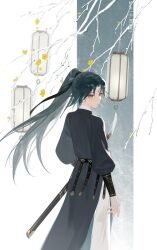 Rule 34 | 1boy, alternate costume, aqua hair, belt, branch, chinese clothes, closed mouth, cowboy shot, eyeshadow, flower, from behind, genshin impact, green hair, hanfu, high ponytail, highres, holding, holding sheath, jian (weapon), lantern, long hair, long sleeves, looking to the side, makeup, multicolored hair, ponytail, red eyeshadow, rj (lingshih10), scabbard, sheath, solo, standing, sword, weapon, white background, wuxia, xiao (genshin impact), yellow eyes, yellow flower