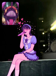 1girl 2024 absurdres alternate_costume beret black_hair blue_dress blue_hat blush bow bowtie chainsaw chainsaw_man commentary crossed_legs denji_(chainsaw_man) dress earrings english_commentary fan_screaming_at_madison_beer_(meme) feet_out_of_frame frilled_dress frilled_skirt frills hat heart heart_earrings highres idol jewelry lace lace-trimmed_dress lace_trim looking_at_viewer meme mitaka_asa music open_mouth photo-referenced photo_background puffy_short_sleeves puffy_sleeves pumpkingface purple_bow purple_bowtie ribbon sharp_teeth short_sleeves singing sitting skirt smile socks sparkle stage teeth white_socks