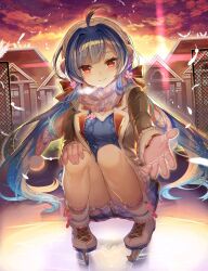 1girl ahoge baizu_(guszx) bird blue_hair blush breasts breath chain-link_fence chakuma_academy_school_uniform closed_mouth cloud earmuffs earrings evening falling_feathers feathers fence full_body gloves hand_on_own_knee highres ice ice_skates jewelry long_hair long_sleeves looking_at_viewer low_twintails medium_breasts miniskirt noa_(shironeko_project) on_ice outdoors outstretched_arm outstretched_hand reaching reaching_towards_viewer red_eyes scarf school school_uniform shironeko_project skates skirt sky smile solo squatting thighs twintails white_feathers