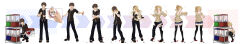 1boy 1girl absurdres black_pants black_shirt black_shoes black_thighhighs blonde_hair blue_shorts blush breasts brown_eyes brown_hair cleavage gashapon genderswap genderswap_(mtf) gyaru highres jewelry kazumi_susan long_hair long_image medium_breasts open_mouth original pants pendant pink_nails red_shoes sequential shirt shoes shorts side_ponytail squatting surprised sweater thighhighs transformation wide_image