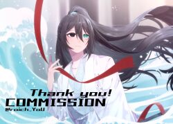 Rule 34 | 1boy, black eyes, black hair, blue eyes, chinese clothes, closed mouth, commission, floating hair, hanfu, high ponytail, highres, holding, hong lu (project moon), limbus company, long hair, looking to the side, male focus, pmchell 04, ponytail, project moon, simple background, smile, solo, splashing, very long hair, waves