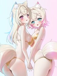 2girls absurdres agnamore animal_ear_fluff animal_ears aqua_eyes ass bikini blonde_hair blue_hair breasts commentary dog_ears dog_girl dog_tail fuwawa_abyssgard gold_bikini hair_intakes highres holding_hands hololive hololive_english large_breasts long_hair looking_at_viewer mococo_abyssgard multicolored_hair multiple_girls pink_eyes pink_hair short_hair siblings sisters small_breasts streaked_hair swimsuit tail very_long_hair virtual_youtuber