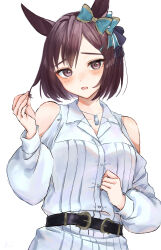 1girl absurdres alternate_costume alternate_hair_length alternate_hairstyle animal_ears bare_shoulders bob_cut bow brown_hair buttons casual clothing_cutout dress ear_bow hair_bun hair_ornament hairclip highres horse_ears jewelry long_sleeves mejiro_dober_(umamusume) necklace official_alternate_costume ribbed_dress shoulder_cutout simple_background single_hair_bun solo twirling_hair umamusume upper_body white_background white_dress white_eyes_(20220506white)
