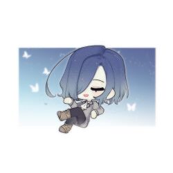 1girl :d ahoge ascot blazer blue_background blue_hair boots border brown_boots chi_kan100 chibi chibi_only closed_eyes collared_shirt crossed_legs gradient_background gradient_hair grey_jacket grey_shorts hair_over_one_eye hand_up invisible_chair jacket kimi_no_koto_ga_dai_dai_dai_dai_daisuki_na_100-nin_no_kanojo leggings_under_shorts long_sleeves multicolored_hair nakaji_uto ohananomitsu_middle_school_uniform one_eye_covered open_mouth outside_border school_uniform shirt shoe_belt short_hair shorts single_hair_intake sitting smile solo white_ascot white_border white_shirt