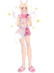 Rule 34 | 1girl, antenna hair, blonde hair, blueberriena, braided twintails, closed mouth, commentary, conis (one piece), dress, english commentary, eyelashes, full body, highres, holding, one piece, pink dress, pink lips, sandals, simple background, sleeveless, sleeveless dress, sparkle, su (one piece), twitter username, white background, white wings, wings