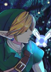 1boy absurdres belt blonde_hair brown_belt closed_mouth earrings fairy fairy_wings green_headwear green_tunic highres jewelry link long_sleeves male_focus mi9clous multicolored_background navi nintendo pointy_ears shirt short_hair the_legend_of_zelda the_legend_of_zelda:_ocarina_of_time tunic white_shirt wings