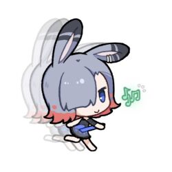 Rule 34 | 1girl, animal ears, assassin rabbit, barefoot, black dress, blue eyes, chibi, chibi only, chinese commentary, closed mouth, commentary request, dress, full body, grey hair, hair between eyes, hair over one eye, long bangs, multicolored hair, musical note, pink hair, rabbit and steel, rabbit ears, rabbit girl, shmz shiomizu, short hair, simple background, sleeveless, sleeveless dress, smile, solo, two-tone hair, white background