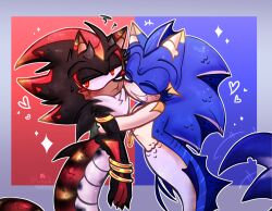 2boys animal_ears black_skin blue_skin bracelet claws closed_eyes closed_mouth colored_skin furry gold_bracelet highres hug inkletvoidz jewelry merman monster_boy monsterification multiple_boys red_eyes shadow_the_hedgehog smile sonic_(series) sonic_the_hedgehog teeth white_fur