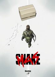 1boy akira_(manga) belt_pouch big_boss boots box brown_hair camouflage canteen cardboard_box combat_boots commentary fanny_pack from_behind gloves headband male_focus metal_gear_(series) military military_uniform mullet parody polarityplus pouch solo