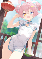 1girl ahoge aruka_(alka_p1) blue_archive blue_eyes blush china_dress chinese_clothes double_bun dress fang hair_between_eyes hair_bun halo heterochromia highres hoshino_(blue_archive) hoshino_(flowery_charms)_(blue_archive) huge_ahoge loli mahjong_soul pink_hair short_sleeves smile white_dress yellow_eyes