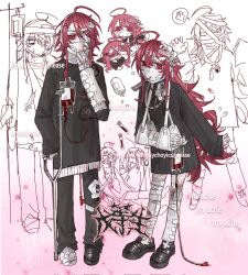 1girl 1other abstract_background arm_sling arm_support asymmetrical_footwear black_dress black_shirt blood blood_bag bottle bruise chibi chibi_inset dress english_text eyepatch footwear_ornament full_body ghost_hair_ornament gradient_background highres injury leaning_forward long_hair medical_eyepatch original pill pill_hair_ornament pink_eyes pink_hair shirt siblings sketch_inset syringe syringe_hair_ornament twins very_long_hair wuwuren