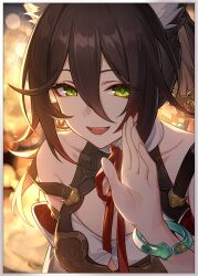 1girl animal_ear_fluff animal_ears blurry bokeh border bracelet brown_hair collarbone depth_of_field diamond-shaped_pupils diamond_(shape) eyeshadow fox_ears green_eyes hair_between_eyes hand_up highres honkai:_star_rail honkai_(series) jewelry looking_at_viewer makeup medium_hair official_art open_mouth ponytail red_eyeshadow smile solo symbol-shaped_pupils third-party_source tingyun_(harmony)_(honkai:_star_rail) tingyun_(honkai:_star_rail) upper_body white_border
