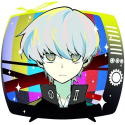 Rule 34 | 1boy, closed mouth, collared shirt, commentary, cropped shoulders, crt, dot nose, frown, grey eyes, hair behind ear, hashtag-only commentary, ka howareyou, male focus, narukami yu, open collar, patterned clothing, persona, persona 4, popped collar, shirt, short hair, solo, sparkle, straight-on, white background, white hair, white shirt