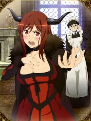 10s 2girls absurdres adjusting_eyewear angry apron black_choker black_hair blush breasts brown_hair candelabra candle candlestand choker cleavage cloak dress enterbrain female_focus fireplace fur hand_on_own_chest hat highres horns large_breasts long_hair maid maid-chou_(maoyuu) maid_apron maou_(maoyuu) maoyuu_maou_yuusha mirror mob_cap multiple_girls official_art open_mouth outstretched_arm purple_eyes red_eyes reflection window wooden_floor