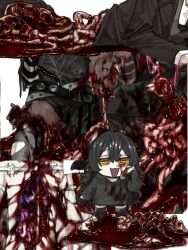 black_hair black_shirt blood blood_on_clothes chibi colored_skin flesh guro highres holding_napkin horizontal_pupils intestines napkin open_mouth orange_eyes organs original pool_of_blood severed_leg severed_limb severed_torso shirt smile white_skin wuwuren