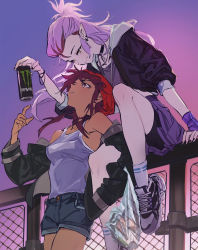 2girls amity_blight bag beanie brown_hair can chain-link_fence couple drink_can energy_drink fence hair_pulled_back hat head_back holding holding_can hood hoodie jacket kuma20151225 looking_at_another luz_noceda monster_energy multiple_girls prototype_design purple_hair shopping_bag short_shorts shorts sitting_on_fence skirt smile soda_can tank_top the_owl_house yellow_eyes yuri