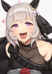 1boy 1girl absurdres animal_ears black_dress blush breast_press breasts cherry_stem_knot cleavage curren_chan_(sakutsuki_ma_cherie)_(umamusume) curren_chan_(umamusume) dress food heart highres horse_ears horse_girl hukahito large_breasts long_hair looking_at_viewer off_shoulder open_mouth saliva see-through_cleavage see-through_clothes smile teeth tongue tongue_out umamusume uvula