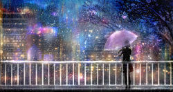 00 1girl bare_tree blurry building city city_lights colorful dark female_focus from_behind highres lens_flare light night original railing scarf scenery short_hair silhouette snow snowing solo transparent transparent_umbrella tree umbrella