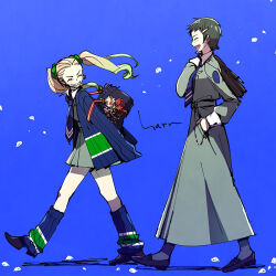 Rule 34 | 2girls, ^ ^, ayase yuka, bag, blonde hair, blue background, blue cardigan, blue necktie, blue socks, briefcase, cardigan, carrying over shoulder, closed eyes, colored tips, delinquent, falling petals, freckles, from side, gradient hair, green hair, grey shirt, grey skirt, grin, gyaru, hair ornament, hair scrunchie, hand in pocket, haruhashi, holding, holding bag, kogal, long hair, long skirt, long sleeves, looking back, loose socks, mayuzumi yukino, multicolored hair, multiple girls, necktie, open mouth, persona, persona 1, petals, profile, school bag, school briefcase, school uniform, scrunchie, shirt, simple background, skirt, smile, socks, st. hermelin school uniform, two-tone hair, walking