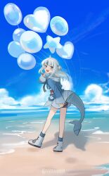 1girl :d absurdres balloon beach bike_shorts black_shorts blue_eyes blue_hair blue_hoodie blue_sky blunt_bangs cloud commentary day english_commentary fins fish_tail full_body gawr_gura gawr_gura_(1st_costume) grey_hair hair_ornament heart_balloon highres holding holding_balloon hololive hololive_english hood hoodie long_hair long_sleeves looking_at_viewer mittsu multicolored_hair no_pants ocean open_mouth outdoors shark_girl shark_hair_ornament shark_tail sharp_teeth shoes shorts sky smile sneakers solo standing star_balloon streaked_hair tail teeth two_side_up upper_teeth_only virtual_youtuber white_shoes wide_sleeves