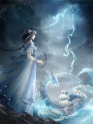 1girl artist_request black_hair blue_dress blue_eyes boat bracelet chinese_clothes chinese_hairpin closed_mouth dragon dress eastern_dragon expressionless floating_hair flower frilled_sleeves frills full_body game_cg hair_flower hair_ornament highres jewelry light_particles lightning lipstick long_dress long_hair looking_at_object low_twintails makeup ming_shuiyuan miracle_nikki nikki_(series) ocean off-shoulder_dress off_shoulder official_art pink_lips pleated_dress rain sailboat short_sleeves solo standing storm tassel tassel_hair_ornament third-party_source twintails very_long_hair water_drop watercraft waves white_flower wind