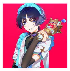 1boy absurdres alternate_costume apron arm_at_side bell belt belt_buckle belt_collar black_bodysuit black_bridal_gauntlets black_hair blood blood_on_clothes blood_on_hands blue_apron blue_hairband blue_kimono blunt_ends bodysuit border bridal_gauntlets buckle clenched_teeth collar colored_inner_hair crossdressing disgust enmaided eyelashes eyeliner eyeshadow fingernails frilled_apron frilled_hairband frills frown furisode furrowed_brow genshin_impact gold gold_buckle hag_(hag_015) hairband hand_up highres holding holding_bell holding_weapon japanese_clothes juban kimono looking_at_viewer maid makeup male_focus male_maid mandarin_collar multicolored_hair purple_belt purple_collar purple_eyes purple_hair red_background red_eyeliner red_eyeshadow scaramouche_(genshin_impact) solo tassel teeth tsurime tulaytullah&#039;s_remembrance_(genshin_impact) twitter_username upper_body waist_apron wanderer_(genshin_impact) weapon white_border white_kimono