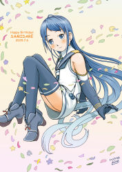 Rule 34 | 1girl, black neckerchief, black sailor collar, blue eyes, blue hair, blush, boots, character name, dated, elbow gloves, full body, gloves, gradient background, gradient hair, green background, happy birthday, highres, kantai collection, long hair, looking at viewer, multicolored hair, neckerchief, sailor collar, samidare (kancolle), school uniform, serafuku, shirt, sleeveless, sleeveless shirt, smile, solo, thighhighs, very long hair, wanramiru, white serafuku