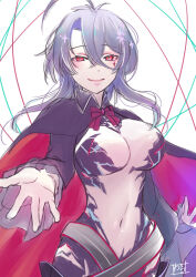 1girl ahoge azur_lane bow bowtie breasts cape closed_mouth crossed_bangs facial_hair foch_(azur_lane) foch_(meta)_(azur_lane) frilled_sleeves frills highres large_breasts long_bangs long_sleeves medium_hair navel purple_hair reaching reaching_towards_viewer red_bow red_bowtie red_cape red_eyes revealing_clothes signature sketch smile solo stomach yunana_seki