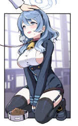 1girl 1other ako_(blue_archive) animal_collar bell black_footwear black_gloves black_thighhighs blue_archive blue_coat blue_eyes blue_hair blue_hairband blush bowl breasts coat collar cowbell earrings from_side garter_straps gloves hairband half_gloves halo happy headpat heavy_breathing highres holding holding_leash inqm_yuzca jewelry kneeling large_breasts leash long_sleeves looking_up neck_bell open_mouth pet pet_bowl pet_play shoes sideboob smile steam steaming_body submission sweat thighhighs tiptoes
