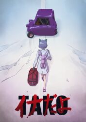 1girl akira_(manga) akira_movie_poster alternate_costume animal_bag animal_ears backpack bag car cat_ears commentary duffel_bag from_behind full_body hat herumitto highres holding holding_bag hololive hololive_english hololive_grand_theft_auto motor_vehicle ninomae_ina&#039;nis nurse nurse_cap parody pink_bag purple_car purple_hair rabbit_bag red_bag road solo virtual_youtuber walking