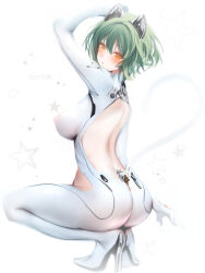 1girl absurdres admiral_nakhimov_(azur_lane) animal_ears ass azur_lane backless_bodysuit bodysuit commentary covered_erect_nipples fake_animal_ears from_side green_hair high_heels highres junpaku_karen looking_to_the_side mechanical_tail orange_eyes simple_background skin_tight solo squatting tail white_background white_bodysuit