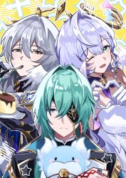 1girl 2boys absurdres anaxa_(honkai:_star_rail) black_gloves blue_eyes blue_hair brother_and_sister dromas_(honkai:_star_rail) eyepatch food four-finger_heart_hands gloves green_eyes green_hair halo hashtag-only_commentary head_wings heart heart_hands highres holding holding_spoon honkai:_star_rail honkai_(series) long_hair medium_hair multiple_boys pudding robin_(honkai:_star_rail) ryokukablog siblings spoon sunday_(honkai:_star_rail) utensil_in_mouth white_gloves wings yellow_eyes