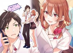 Rule 34 | 1boy, 1girl, :d, black hair, black pants, blush, breasts, brown eyes, brown hair, cleavage, collared shirt, commentary request, double-parted bangs, eye contact, green eyes, hair between eyes, hand up, headphones, headphones around neck, hug, hug from behind, kohinata iroha (imouuzai), large breasts, looking at another, medium hair, novel illustration, official art, ooboshi akiteru, open mouth, pants, plaid clothes, plaid skirt, pleated skirt, school uniform, shirt, short hair, short sleeves, skirt, smile, standing, talking on phone, tomari (veryberry00), tomodachi no imouto ga ore ni dake uzai, white shirt, wing collar
