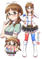 1girl absurdres akizuki_ritsuko antenna_hair black_skirt blue_choker blue_thighhighs blunt_bangs blush blush_stickers boots braid chain character_name chibi chibi_inset choker closed_mouth eyelashes flower frilled_skirt frills full_body glasses gold_trim green_shirt hair_flower hair_ornament highres holding holding_pen idolmaster idolmaster_(classic) idolmaster_million_live! idolmaster_million_live!_theater_days lace-trimmed_collar lace_trim long_sleeves looking_at_viewer low_twin_braids medium_hair mismatched_thighhighs multicolored_choker multiple_views ngetyan no_sclera official_alternate_costume open_mouth pen popped_collar puffy_short_sleeves puffy_sleeves red_choker red_thighhighs semi-rimless_eyewear shirt short_sleeves signature skirt solo sparkle sparkle_print starpiece_memories_(idolmaster) thighhighs twin_braids upper_body white_background white_boots